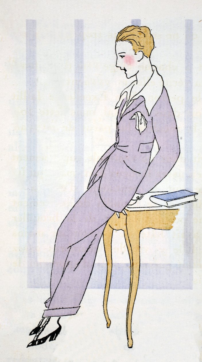 Elegantní v kalhotovém kostýmu v Benátkách (pochoir print) od Umberto Brunelleschi