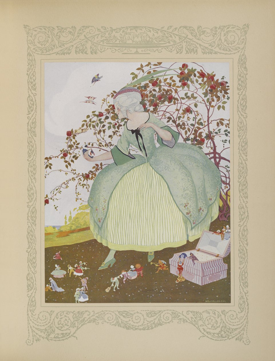 Gracieuse nejprve s potěšením viděla tak mimořádnou věc, ilustrace z „Contes du Temps Jadis“ nebo „Tales from Times Past“, str. 78 od Umberto Brunelleschi