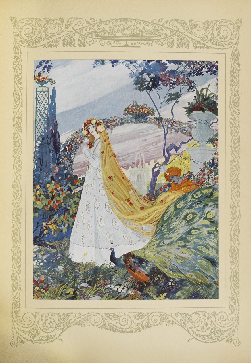 Své kudrnaté vlasy si vždy zakrývala korunou květin na hlavě, ilustrace z „Contes du Temps Jadis“ nebo „Tales from Times Past“, s. 10 od Umberto Brunelleschi
