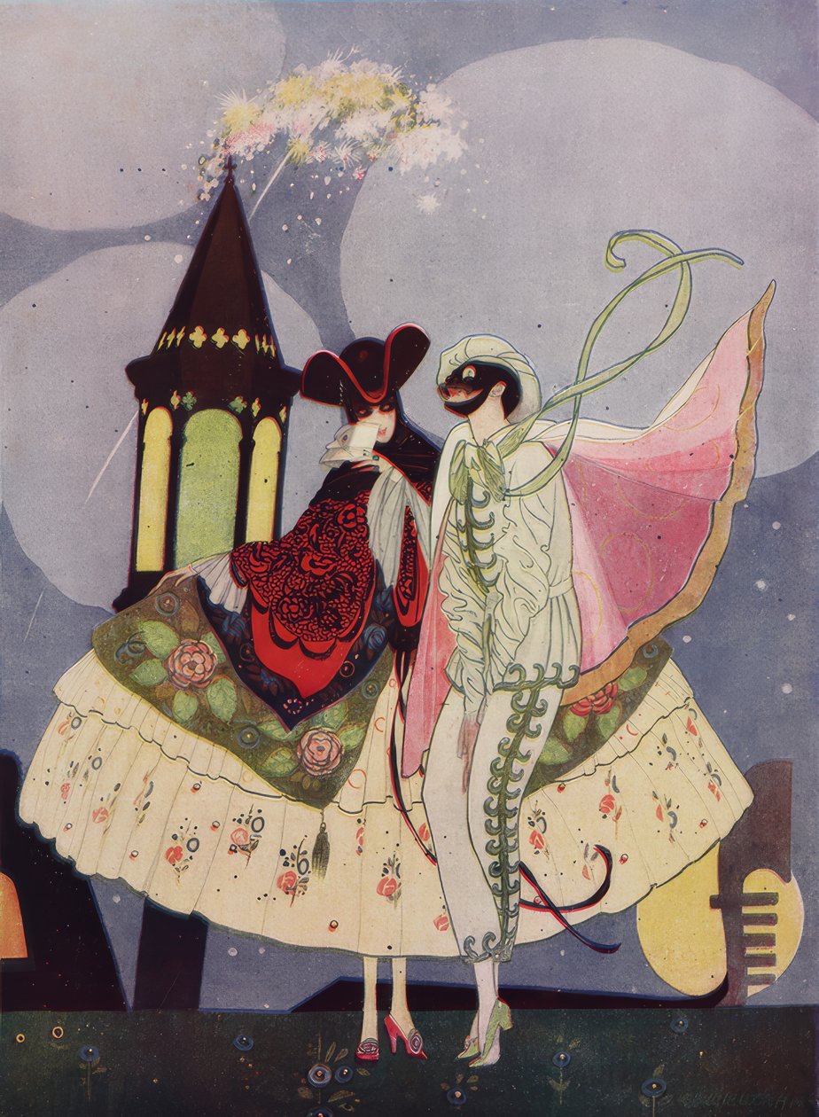 Dvě benátské masky a gondola v závodě Carnevale od Umberto Brunelleschi