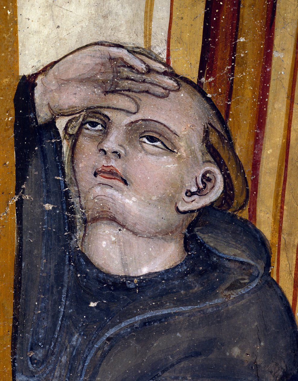 Mnich pozorující oblohu. Detail posledního setkání svatého Benedikta z Nursie a jeho sestry Ste Scholastic, 6. 2. 547, několik dní před smrtí jeptišky - Fresco od Umbrian School