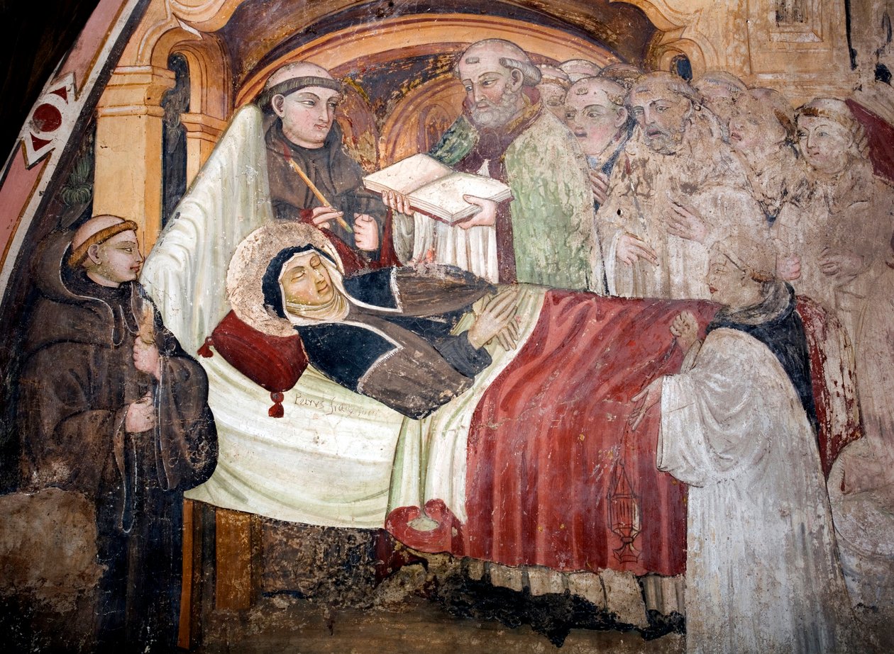 Smrt svatého Scolastica (v. 480 – v. 543), sestry svatého Benedikta z Nursie Je obklopena benediktinskými mnichy. Freska umbrijské školy z 15. století. Klášter Saint Benedetto (Sacro Speco), Subiaco (Řím), Itálie od Umbrian School