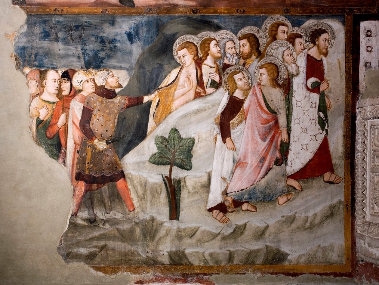 Útěk od apoštolů. Detail. Freska umbrijské školy z 15. století. Vyšší církev. Klášter Saint Benedetto (Sacro Speco), Subiaco (Řím), Itálie od Umbrian School