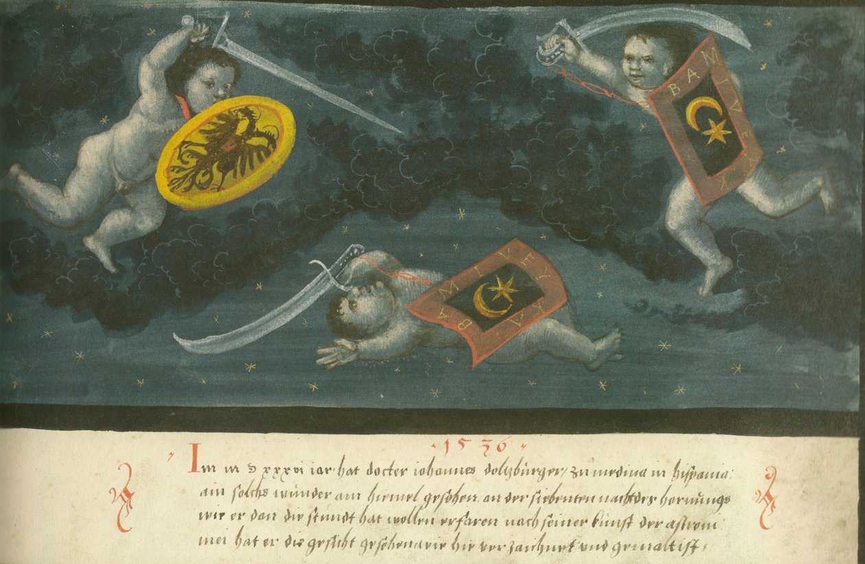 Augsburská kniha zázračných znamení - Folio 134 Nebeský boj tří dětí 1536 od Unbekannt Unbekannt