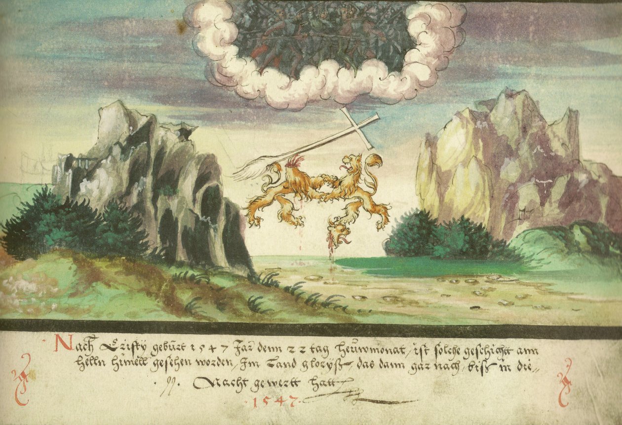 Augsburská kniha zázračných znamení - Folio 157- Bitva na nebi, Lvi nad Glarusem od Unbekannt Unbekannt
