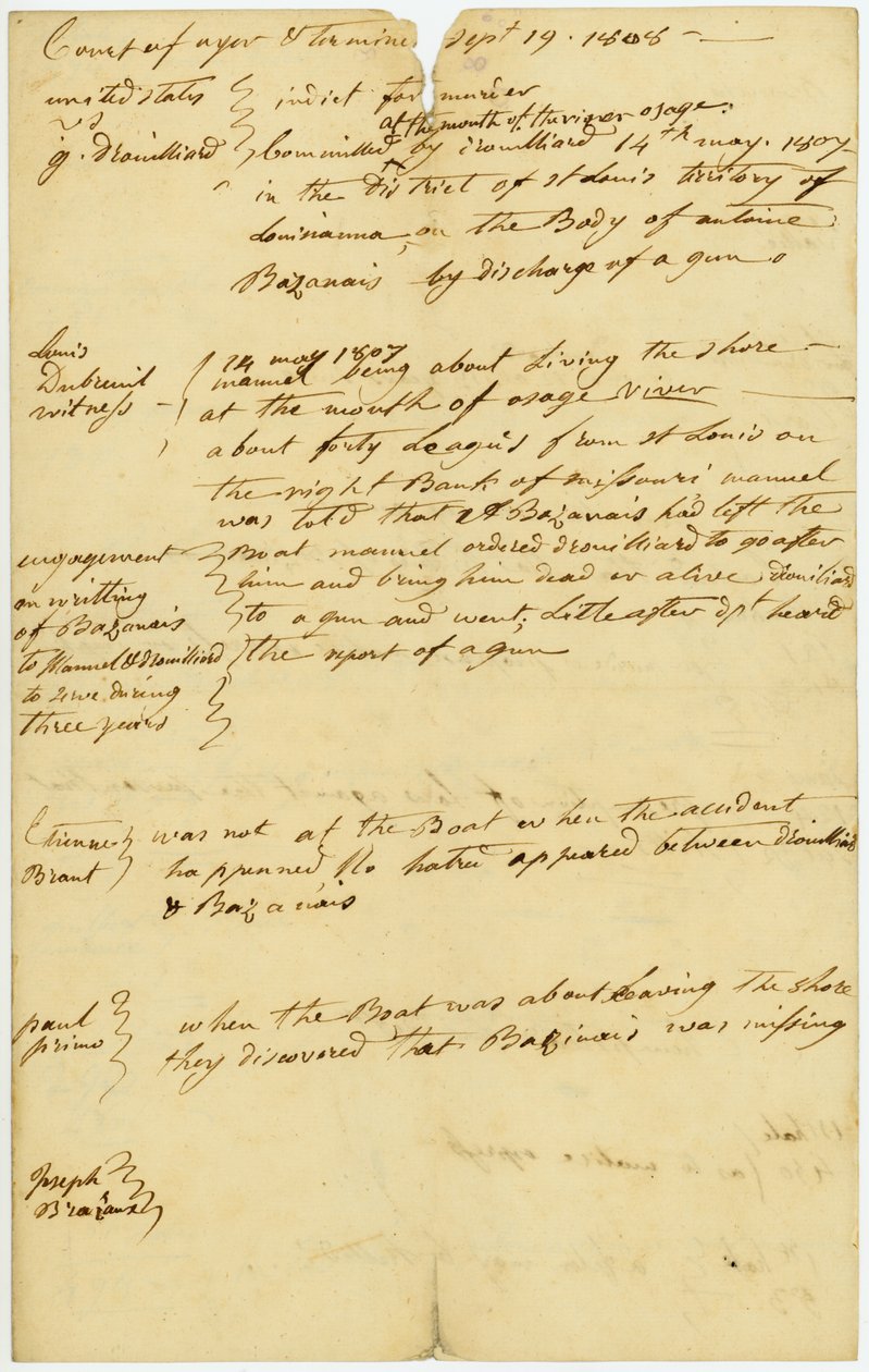 Drouillard byl obviněn z vraždy Antoine Bazanais [Antoine Bissonet] v ústí řeky Osage, 14. května 1807 od Unbekannt Unbekannt