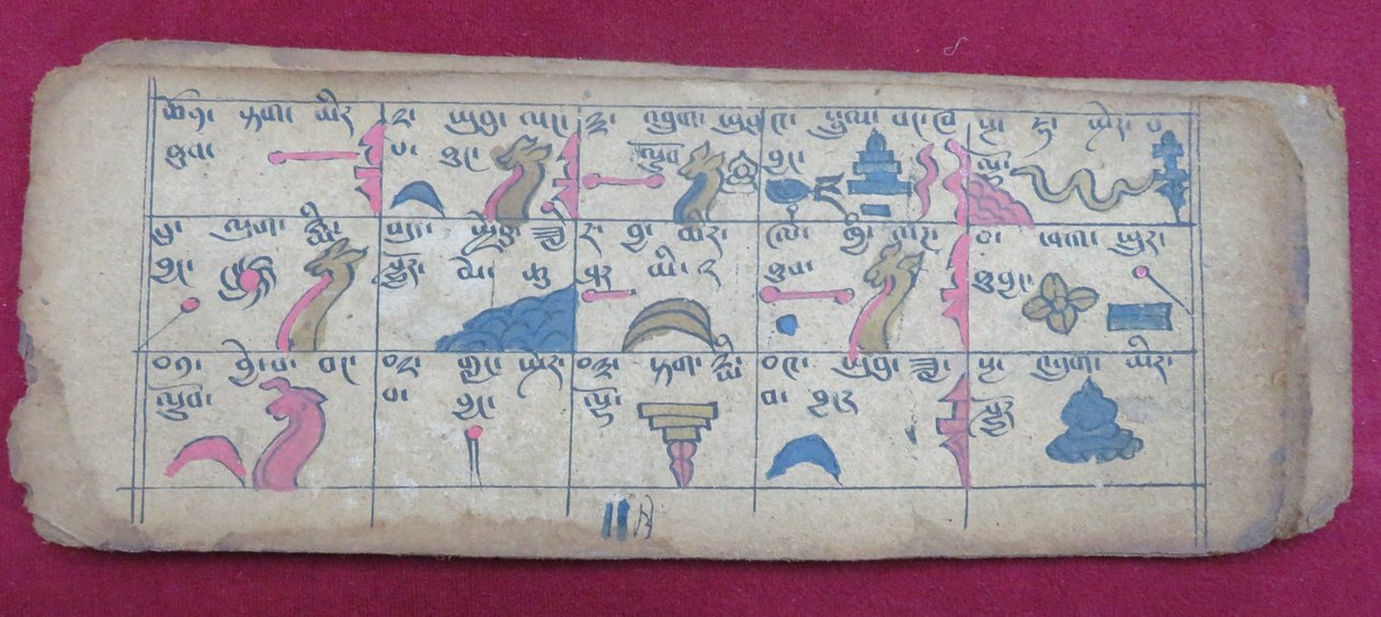Ersu astrologický almanach pro polovinu 11. měsíce s piktogramy Ersu Shaba a vysvětlivkami v tibetštině od Unbekannt Unbekannt