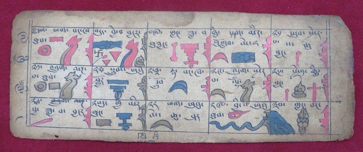 Ersu astrologický almanach pro polovinu 4. měsíce s piktogramy Ersu Shaba a vysvětlivkami v tibetštině od Unbekannt Unbekannt