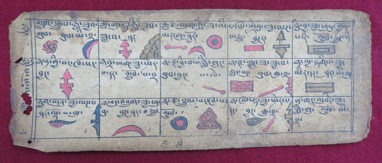 Ersu astrologický almanach pro polovinu 5. měsíce s piktogramy Ersu Shaba a vysvětlivkami v tibetštině od Unbekannt Unbekannt
