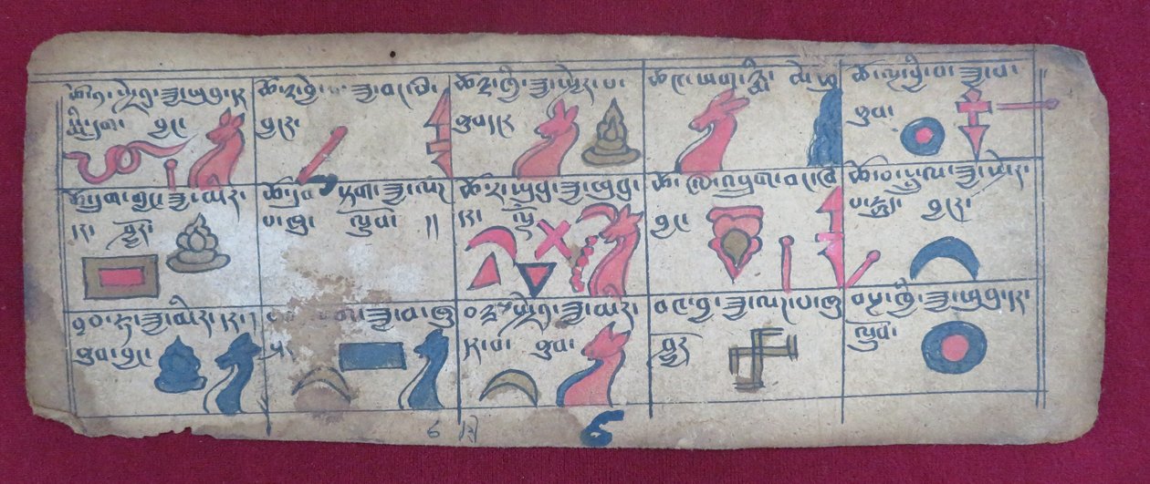 Ersu astrologický almanach na polovinu 6. měsíce, s piktogramy Ersu Shaba a vysvětlením v tibetštině od Unbekannt Unbekannt