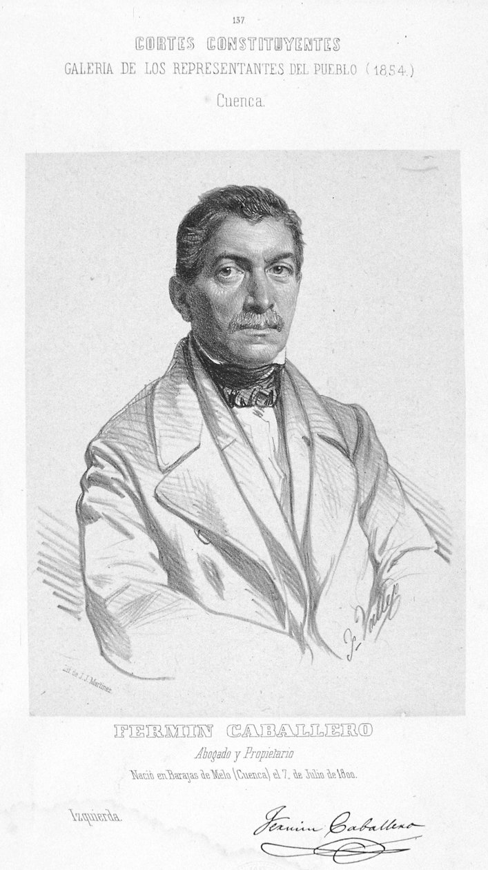 Černobílá rytina španělského geografa, novináře, spisovatele, politika a řečníka Fermína Caballera (1800-1876) od Unbekannt Unbekannt