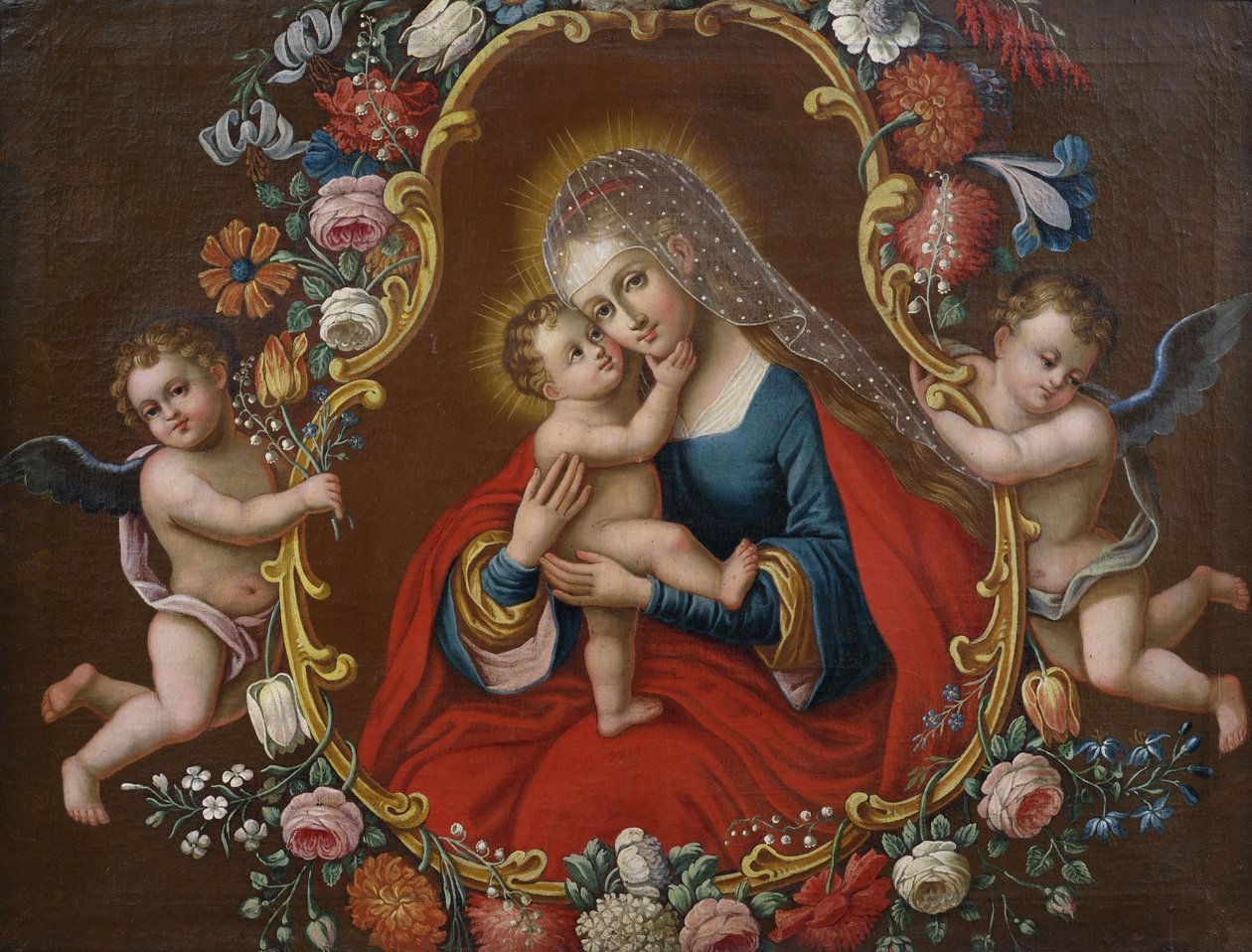 Maria s dítětem (typ Maria Hilf po Cranachovi), rámováno květinovým věncem neseným anděly od Unbekannt Unbekannt