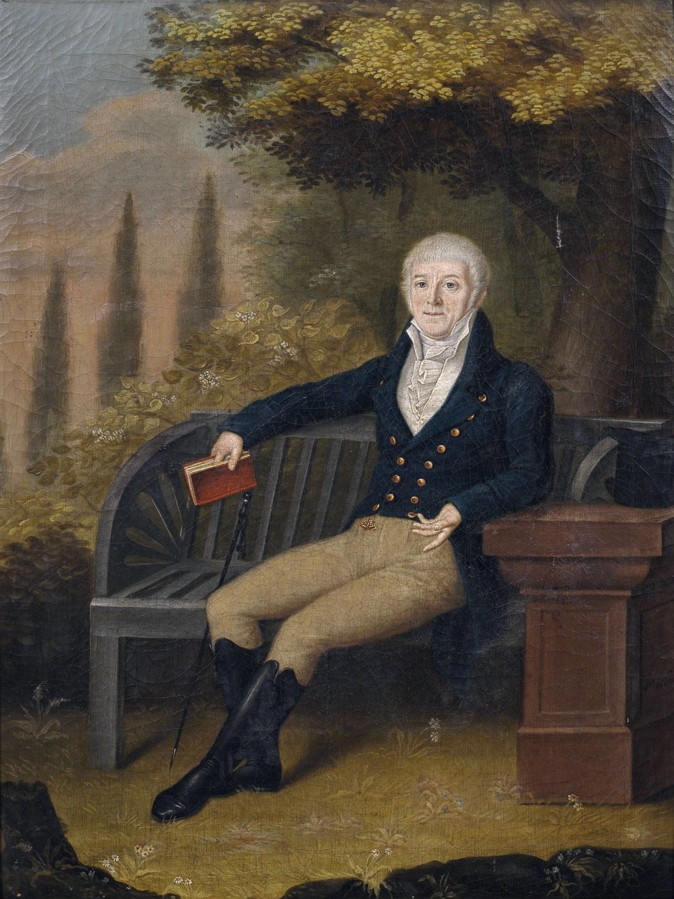 Portrét Ulmského knihkupce Christiana Gottloba Ebnera (1755-1821) na lavičce v parku od Unbekannt Unbekannt