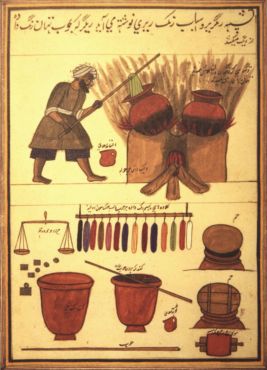 Arabský barvíř barví látku a nástroje svého řemesla (inkoust na pergamenu) od Unbekannt Unbekannt