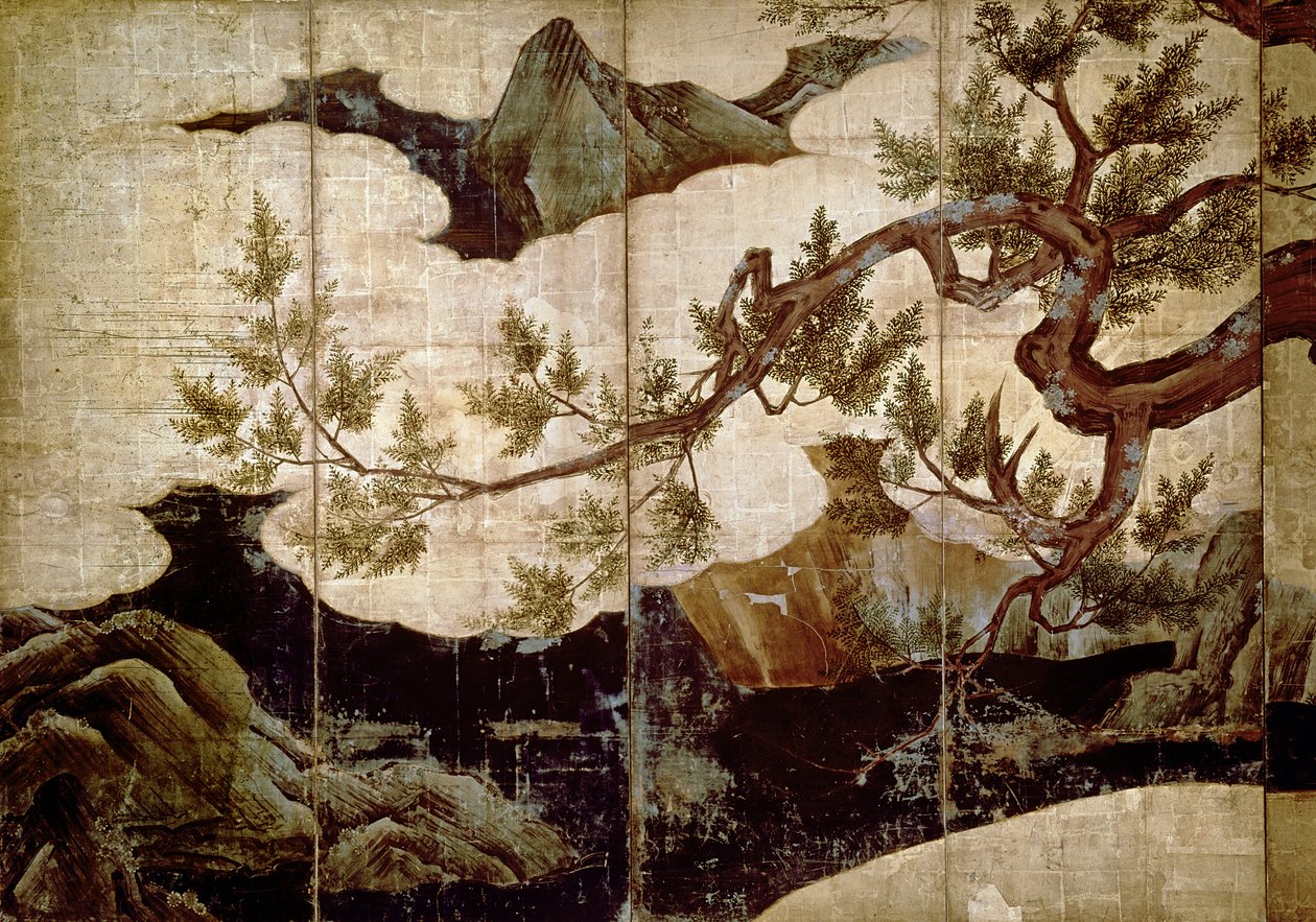 Cypřiš od Kano Eitoku, období Muromanchi (1368-1573) (z osminásobného plátna, barva na zlatém listovém papíře) od Unbekannt Unbekannt