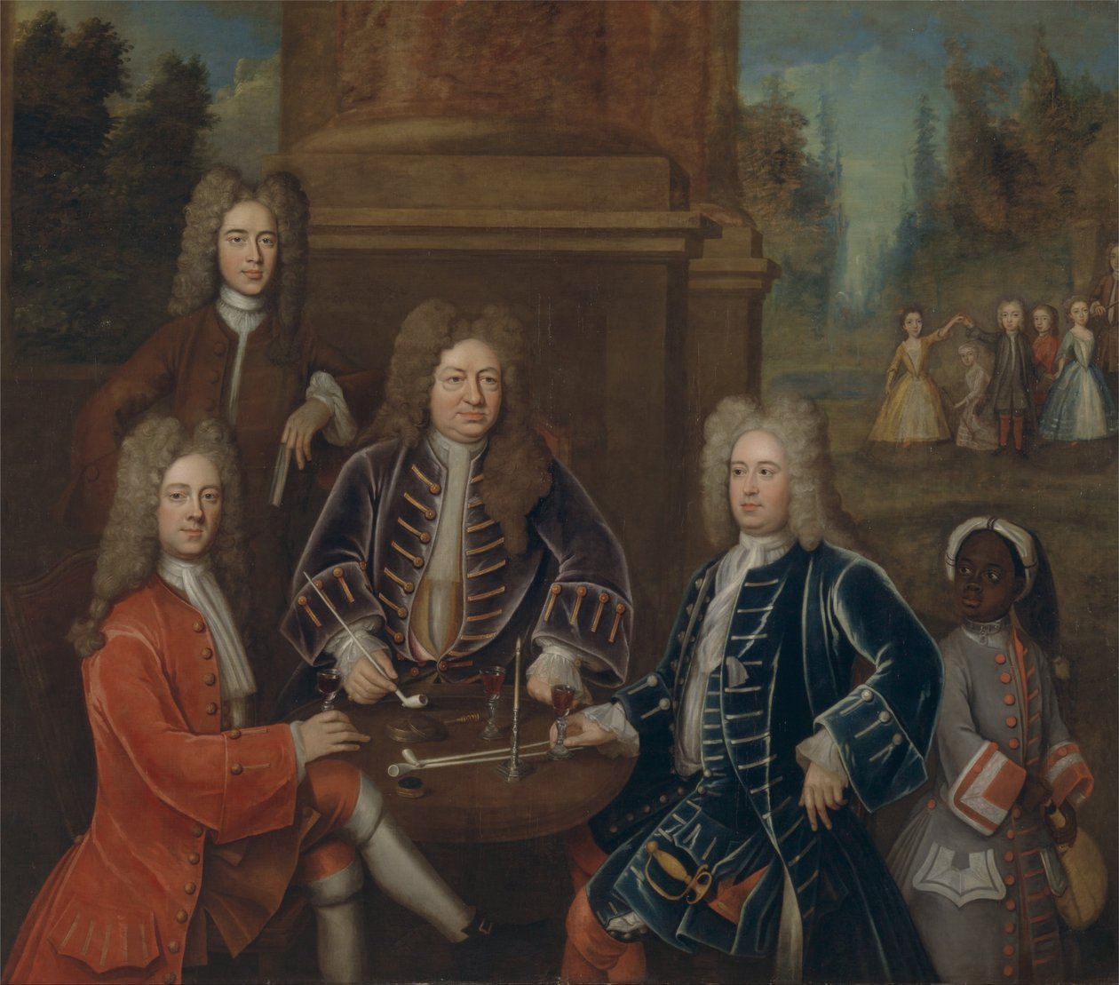 Elihu Yale, druhý vévoda z Devonshiru, lord James Cavendish, pan Tunstal a pážata. od Unbekannt Unbekannt