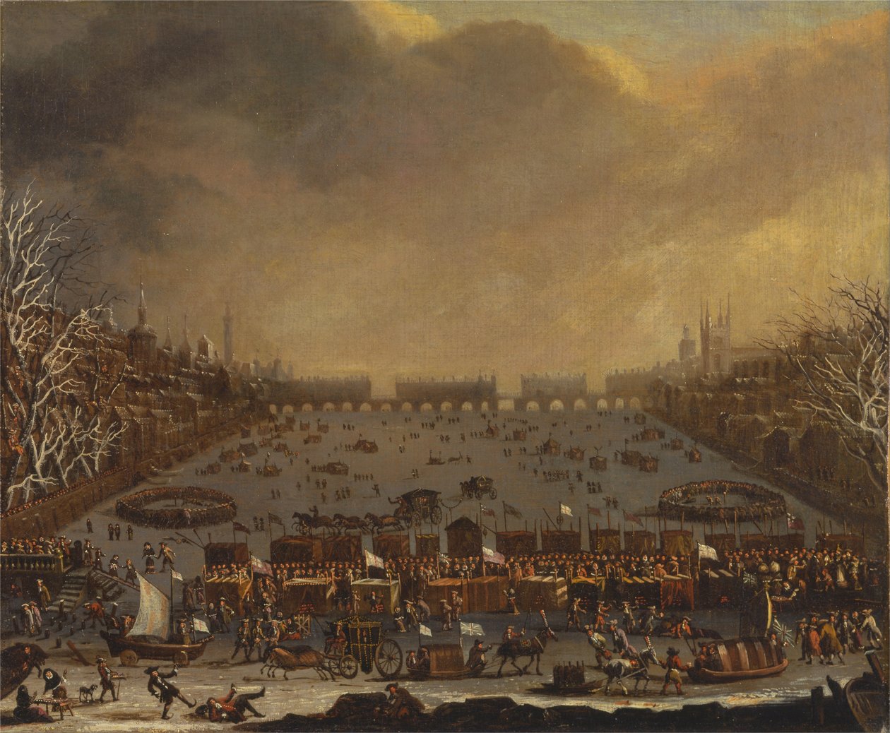 Frost Fair na Temži, v dálce Old London Bridge od Unbekannt Unbekannt