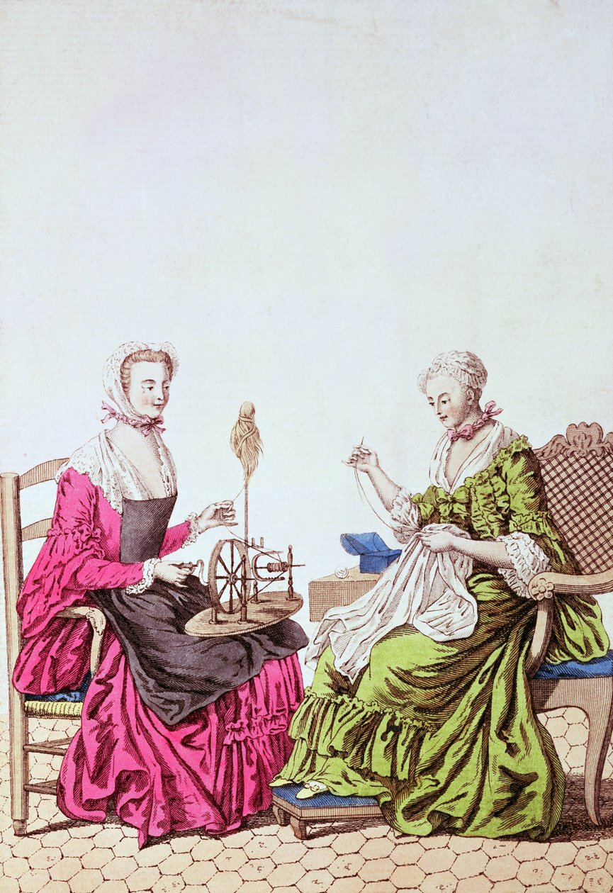 Dámské předení a šití, cca 1765 (barevné rytí) od Unbekannt Unbekannt