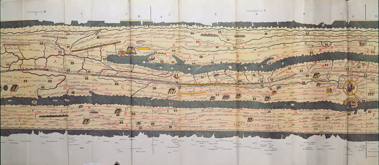 Část Tabula Peutingeriana (Peutingerův stůl, Peutingerova mapa), ilustrované itinerárium silniční sítě v Římské říši Detail Itálie z kopie mapy Peutinger od Unbekannt Unbekannt
