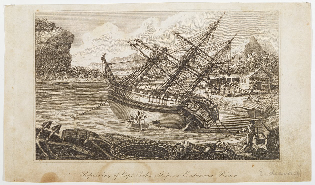 Oprava lodi Captain Cooks v Endeavour River od Unbekannt Unbekannt