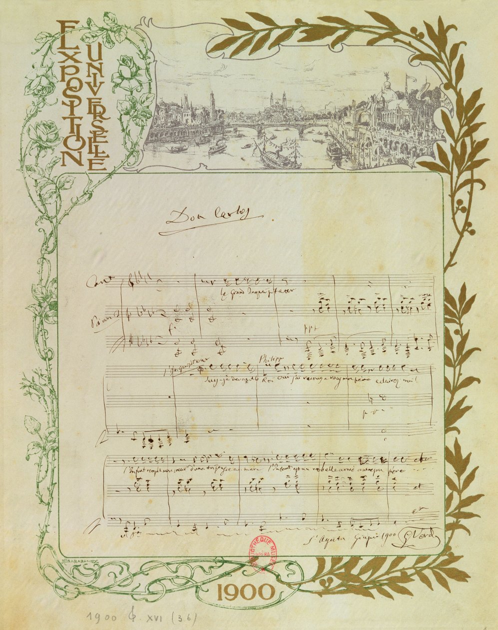 Partitura opery „Don Carlos“ od Giuseppe Verdiho (1813-1901) napsaná na papíře vytištěném pro Exposition Universelle z roku 1900 od Unbekannt Unbekannt