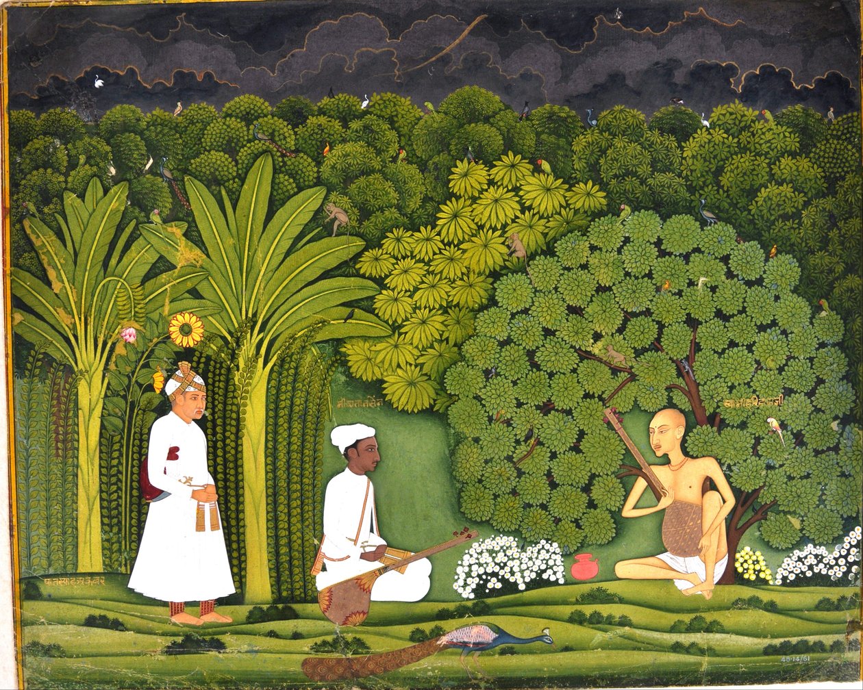 Swami Haridas s Tansenem a Akbarem ve Vrindavanu od Unbekannt Unbekannt