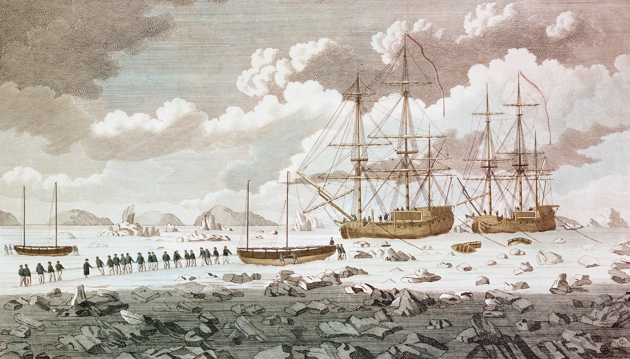 „Dostihový kůň“ a „Carcass“ pod velením Constantina Johna Phippse, lord Mulgrave (1744-92), uvízli v ledu na Spitzbergen na své cestě, aby našli severní cestu do Indie, kterou vyryl Eas od Unbekannt Unbekannt
