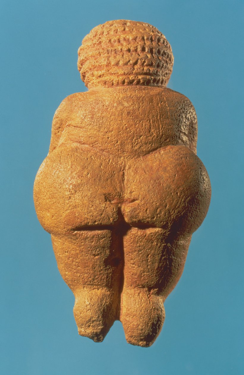 Venuše z Willendorfu, pohled zezadu na ženskou figurku, gravettienská kultura, období horního paleolitu, cca 30 000-18 000 př. n. l. (oolitický vápenec zbarvený červeným okrem) (viz také 54145 a 93777) od Unbekannt Unbekannt