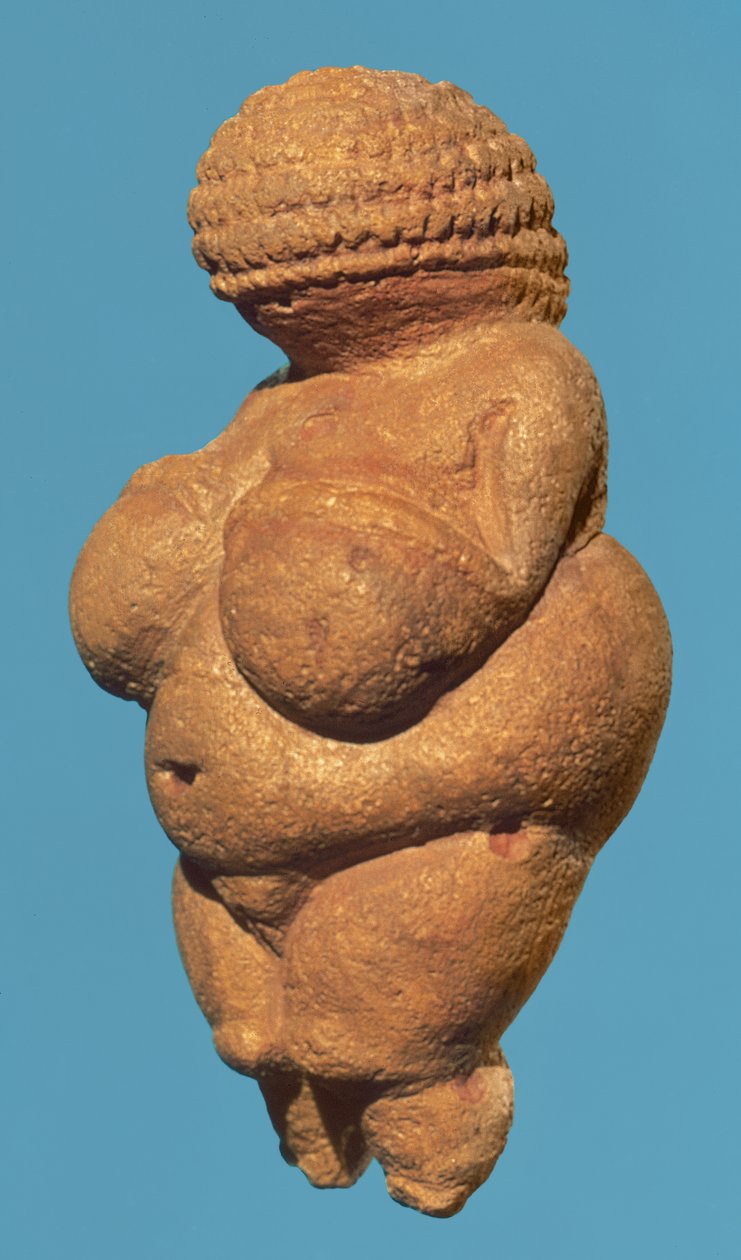 Willendorfská Venuše, boční pohled na ženskou figurku, gravettienská kultura, doba horního paleolitu, cca 30 000-18 000 př. n. l. (oolitický vápenec zbarvený červeným okrem) (podrobnosti viz 93777) od Unbekannt Unbekannt