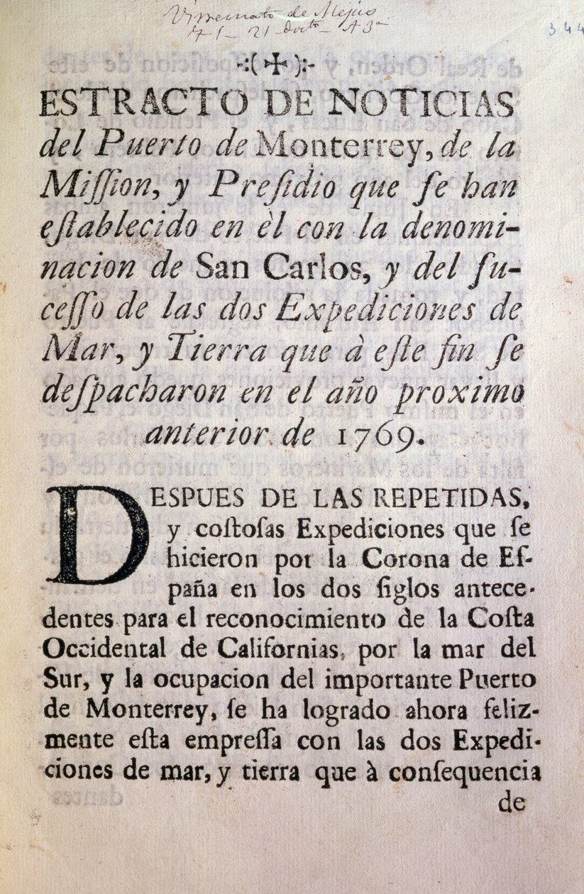První strana oficiální zprávy o výpravě Portola 1769-70 (tištěný papír) od Unbekannt Unbekannt
