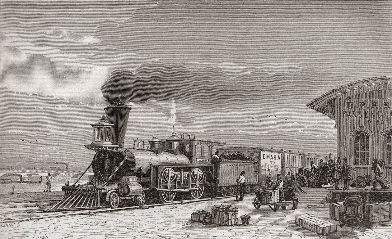 Železniční stanice v Omaze, Nebraska, výchozí bod pacifické železnice, jak tomu bylo v roce 1867, ilustrace ze „Světa v rukou“, vyrytý Charlesem Laplantem († 1903), vydaný v roce 1878 (en od Unbekannt Unbekannt