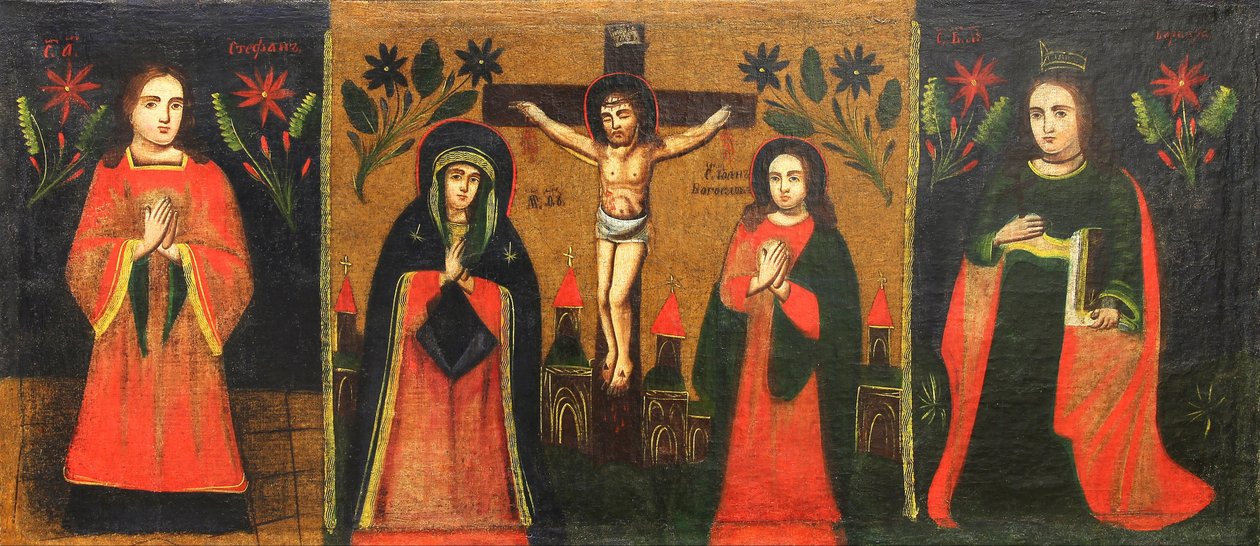 Neznámý malíř - Saint Stephan; Krucifix se stojící Pannou a Janem Božským; Svatá Varvara od Unbekannt Unbekannt