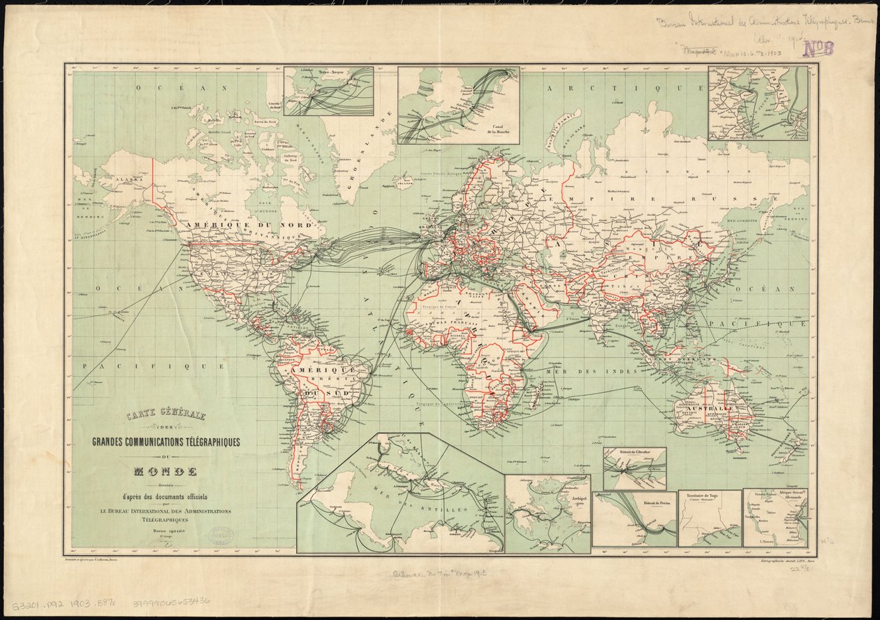 Světová mapa telegrafních čar vydaná International Telegraph Bureau, 1901    Měřítko: [ca. 1:70 000 000] od Unbekannt Unbekannt