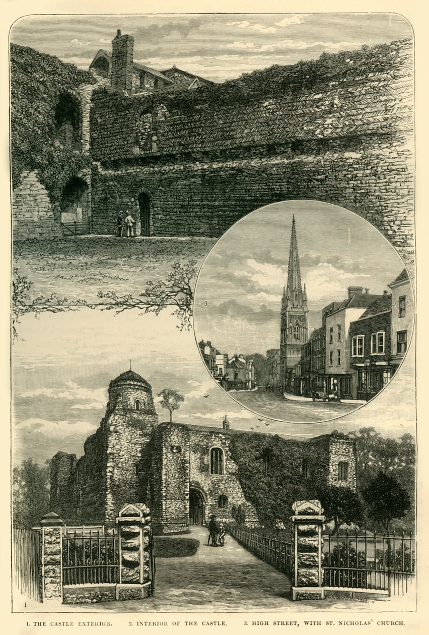 1. Exteriér hradu. 2. Interiér hradu. 3. High Street, s kostelem svatého Mikuláše, 1898 od Unbekannt