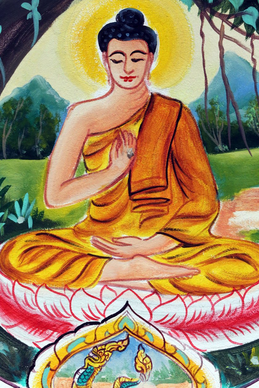20151029, Vientiane, Laos: buddhistický chrám Wat Inpeng. Obraz zobrazující životní příběh Buddhy Šákjamuniho. Učící Buddha zobrazuje konkrétní okamžik v životě Buddhy, konkrétně první kázání, které Buddha pronesl po dosažení osvícení. od Unbekannt