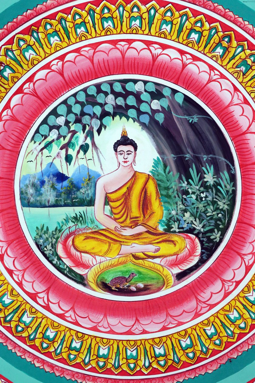 20151029, Vientiane, Laos: buddhistický chrám Wat Inpeng. Obraz zobrazující životní příběh Buddhy Šákjamuniho. Buddha sedí v meditační pozici od Unbekannt