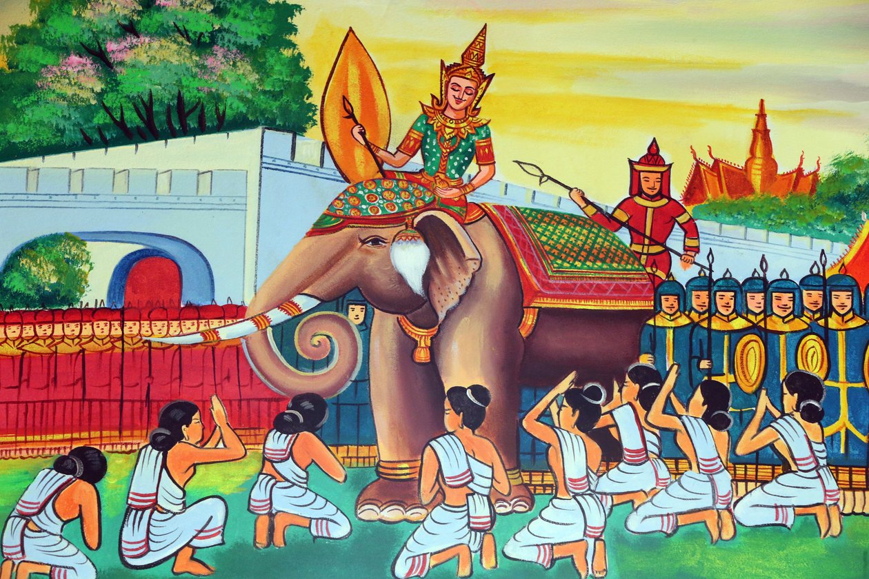 20151029, Vientiane, Laos: buddhistický chrám Wat Si Muang (Simuong). Obraz zobrazující životní příběh Buddhy Šákjamuniho od Unbekannt