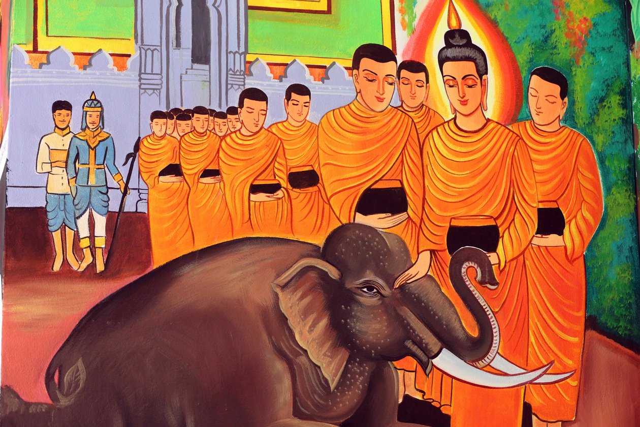 20151029, Vientiane, Laos: buddhistický chrám Wat Si Muang (Simuong). Obraz zobrazující životní příběh Buddhy Šákjamuniho. Divoký slon zkrocený milující laskavostí od Unbekannt