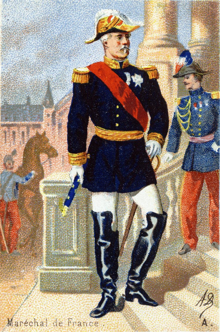 A: Marechal z Francie. Rytina ve "vojenské abecedě" . Iniciály ilustrátora: A. D. Neznámý vydavatel. Chromolitografie konce 19. století. Rozměr: 10,5 x 7 cm. od Unbekannt