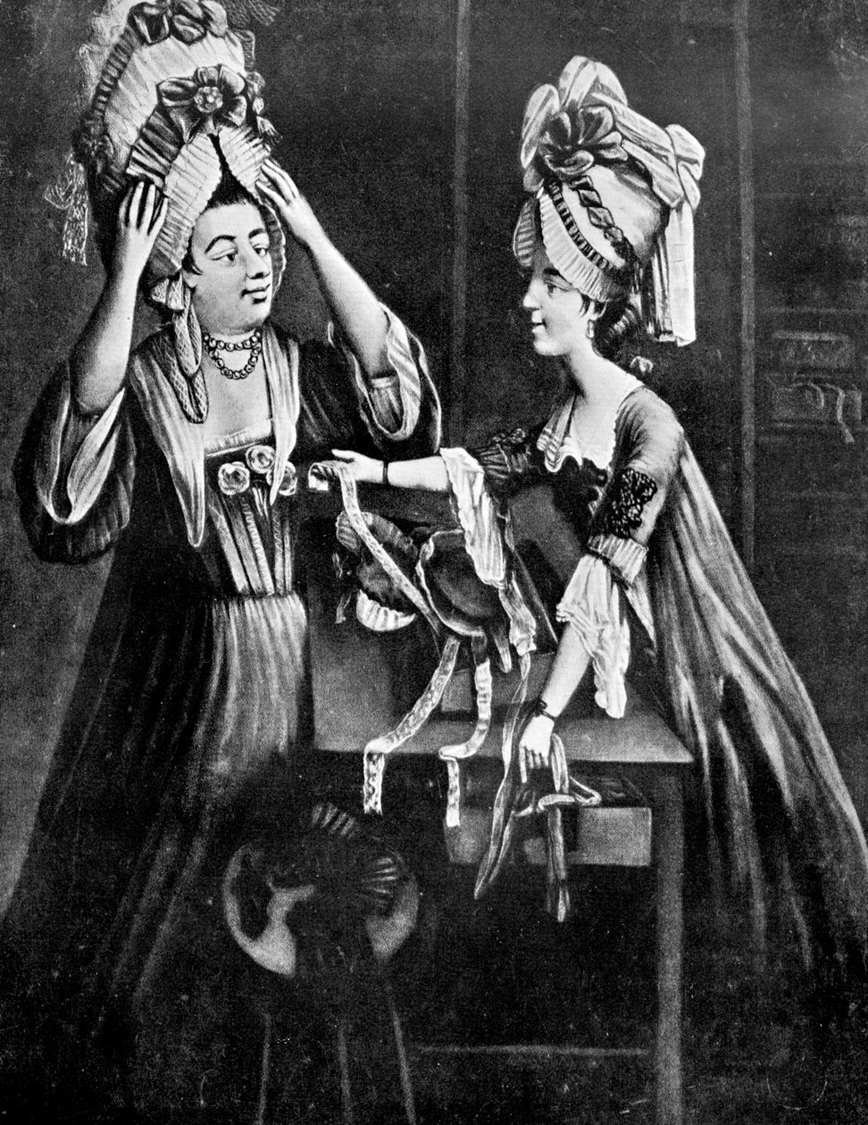A Milliners Shop, paní Monopolizeová, manželka řezníka, kupuje moderní pokrývky hlavy, 1772 od Unbekannt
