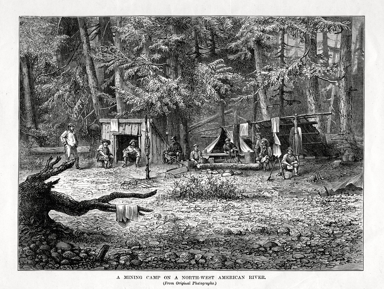 Důlní tábor na řece severozápadní Ameriky, 1877 od Unbekannt