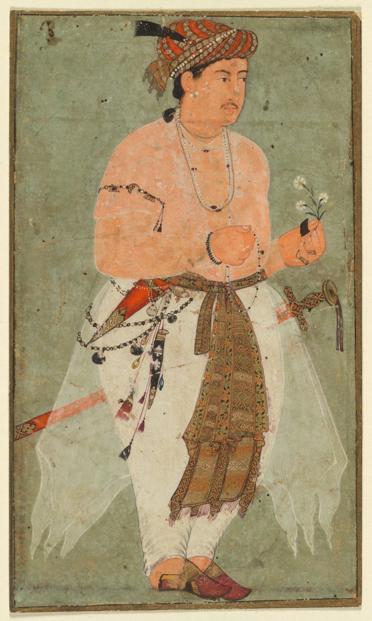 Mughalský princ, možná Danjal, držící snítku květin, c. 1580-1590. od Unbekannt