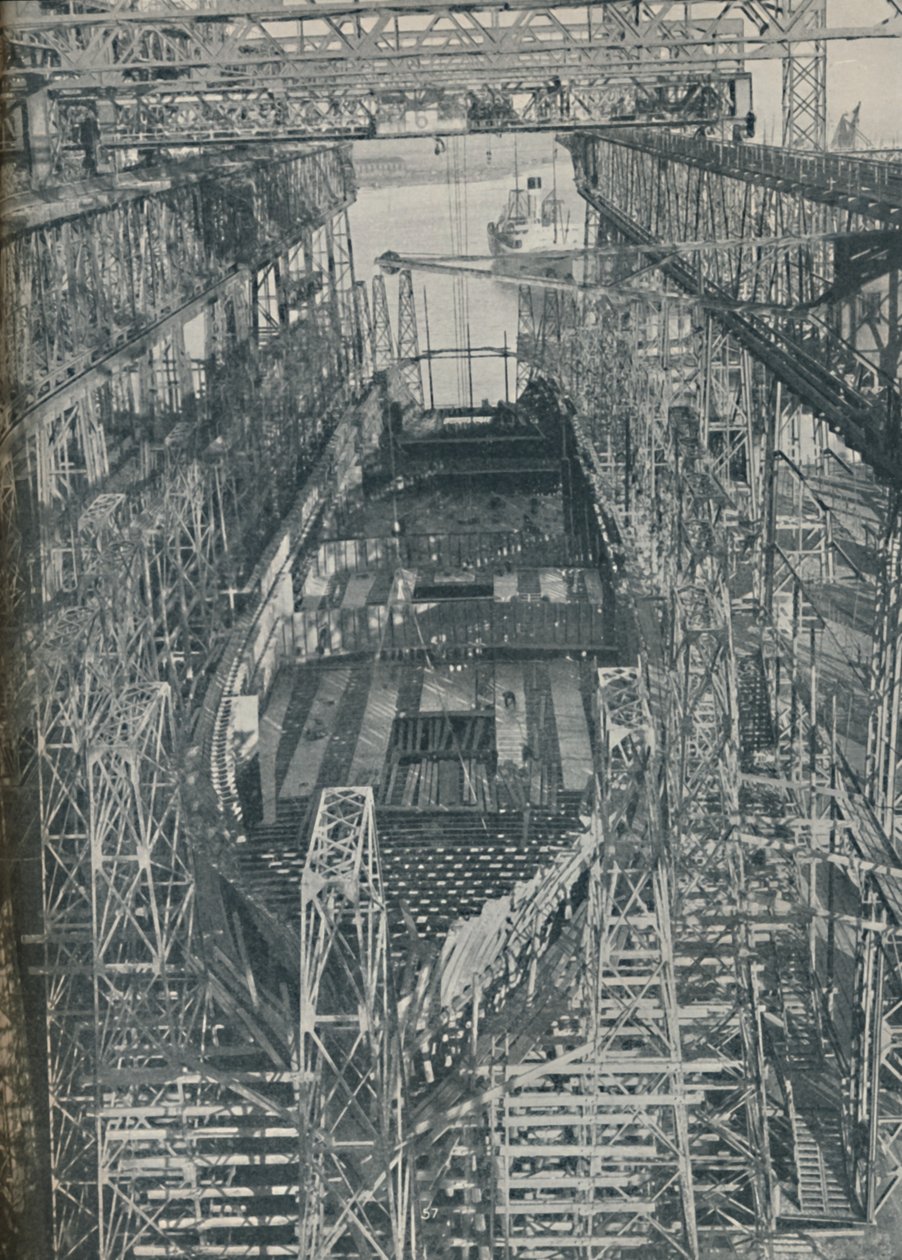 Ocelové hnízdo. Cunard White Star parník Georgic ve výstavbě, 1927-1929, 1936 od Unbekannt
