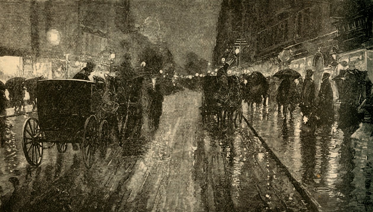 Deštivá noc. - Ulice osvětlená elektřinou, 1882. od Unbekannt