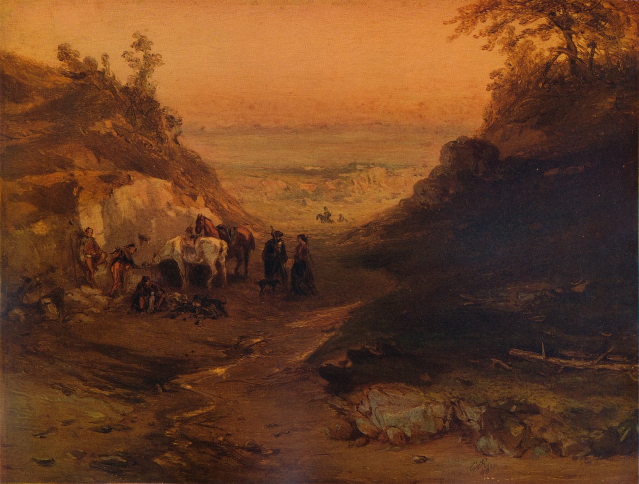 Skalnatá soutěska s postavami a koňmi, 1848, 1938 od Unbekannt