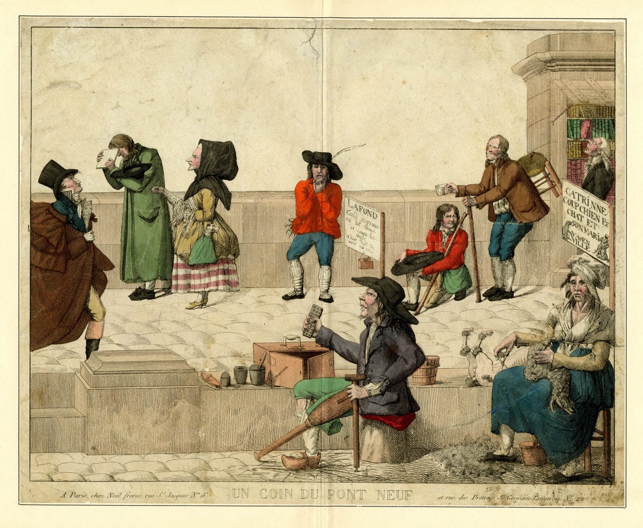 Roh Pont Neuf v Paříži s chromými žebráky a pouličními prodavači, cca 1813. od Unbekannt