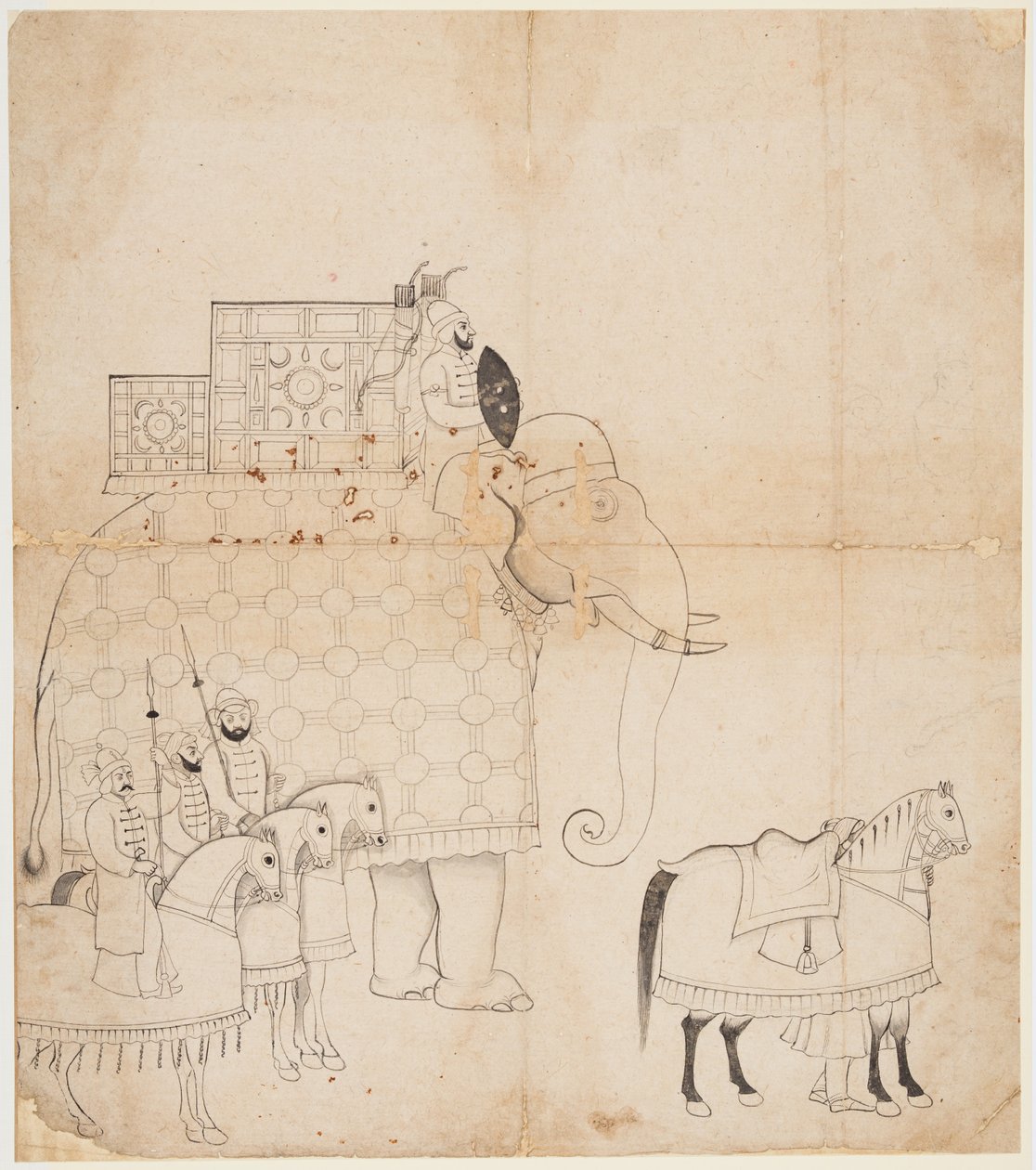 Kresba Caparisoned Elephant and Horses, c. 1760. od Unbekannt