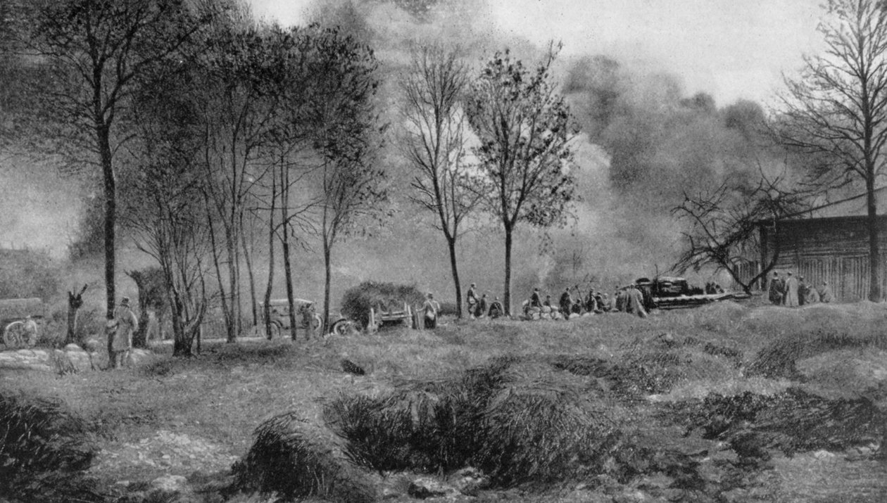 Farma v plamenech německých zápalných bomb, Artois, Francie, první světová válka, 1915 od Unbekannt