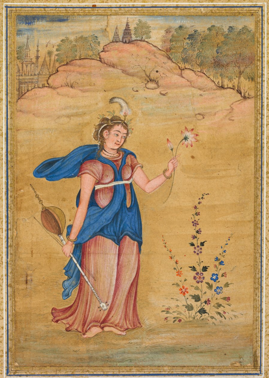 Ženská postava stojící v krajině držící čtyřstrunný khuuchir a lotos, c. 1590. od Unbekannt