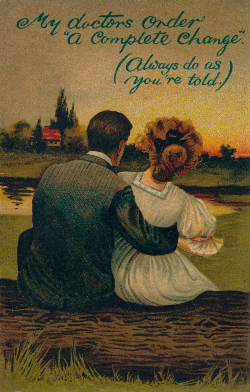 Vtipná pohlednice zobrazující dvořící se pár, 1908 od Unbekannt
